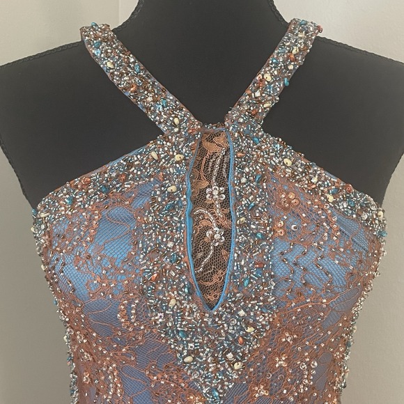 Vtg RIVA DESIGNS Y2K Orange/Blue Beaded Sheer Lace Gown HOCO Evening Prom Sz 0 - Picture 4 of 16